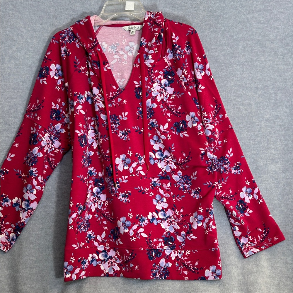 PIONEER WOMAN NWOT Floral Long Line Cozy Knit Oversized Top With Drawstring Hood